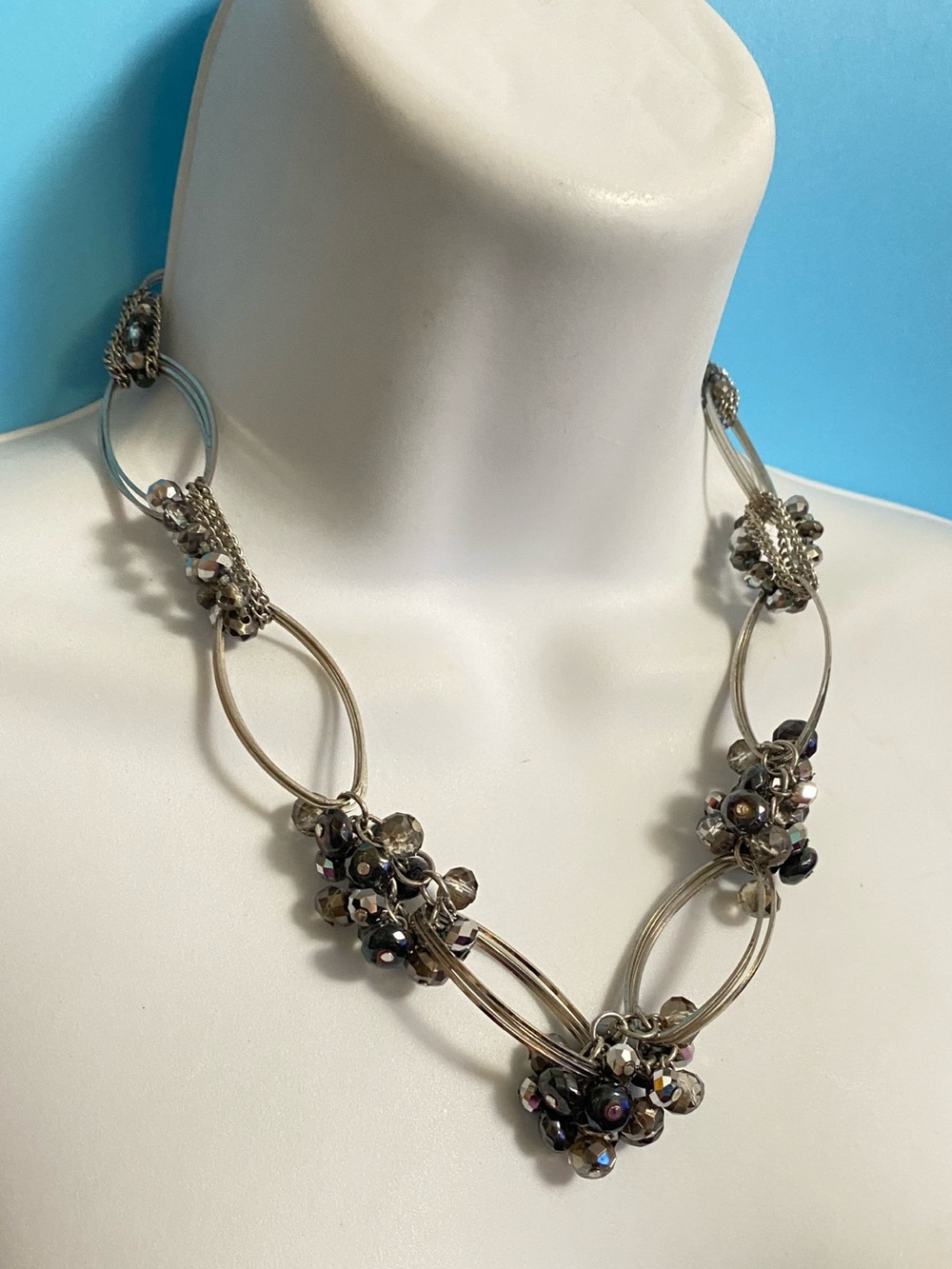 Faceted Smoky Gray Glass Beads Silvertone Chain Statement Necklace
